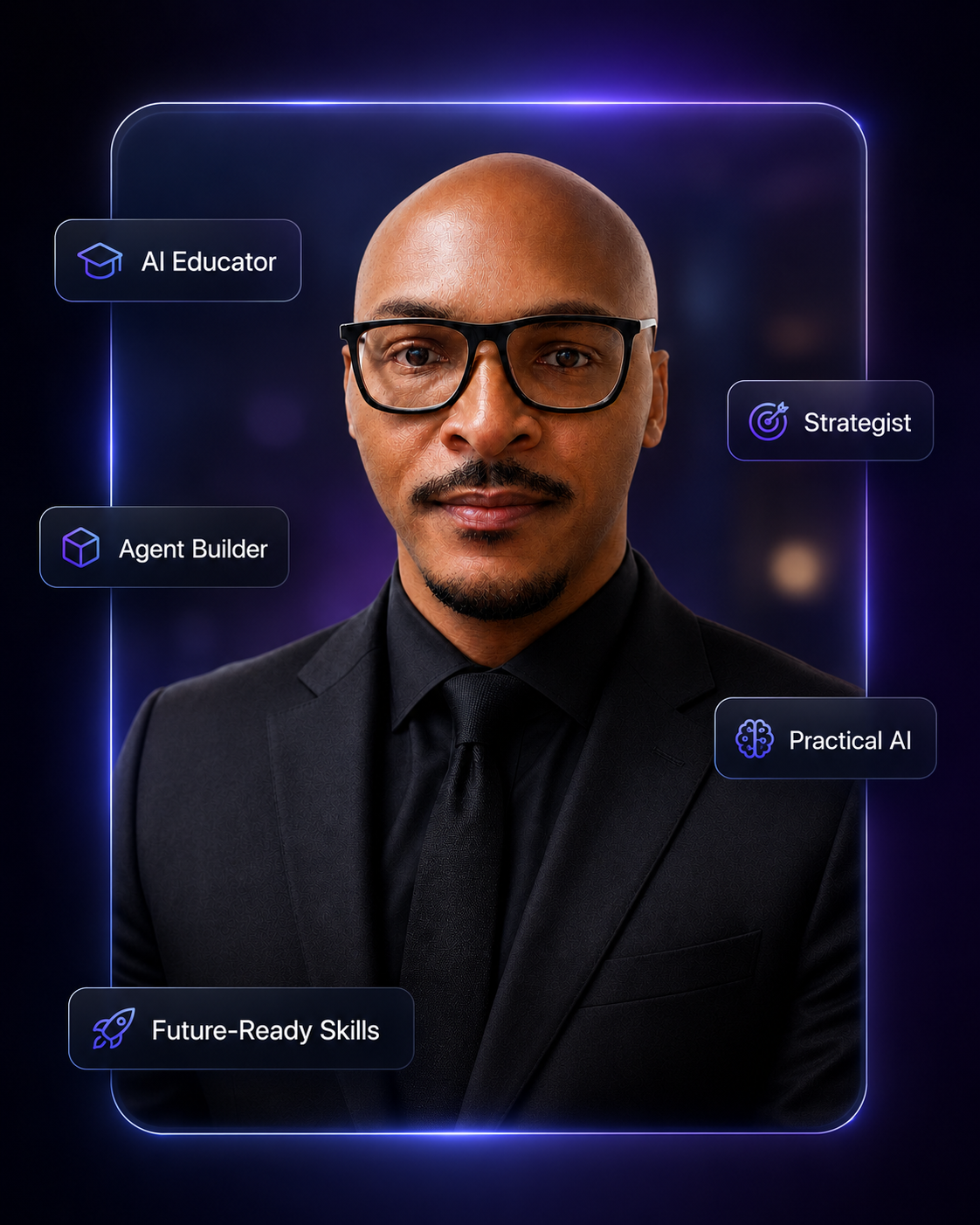 Kwame positioned as an AI educator, agent builder, strategist, and practical AI expert
